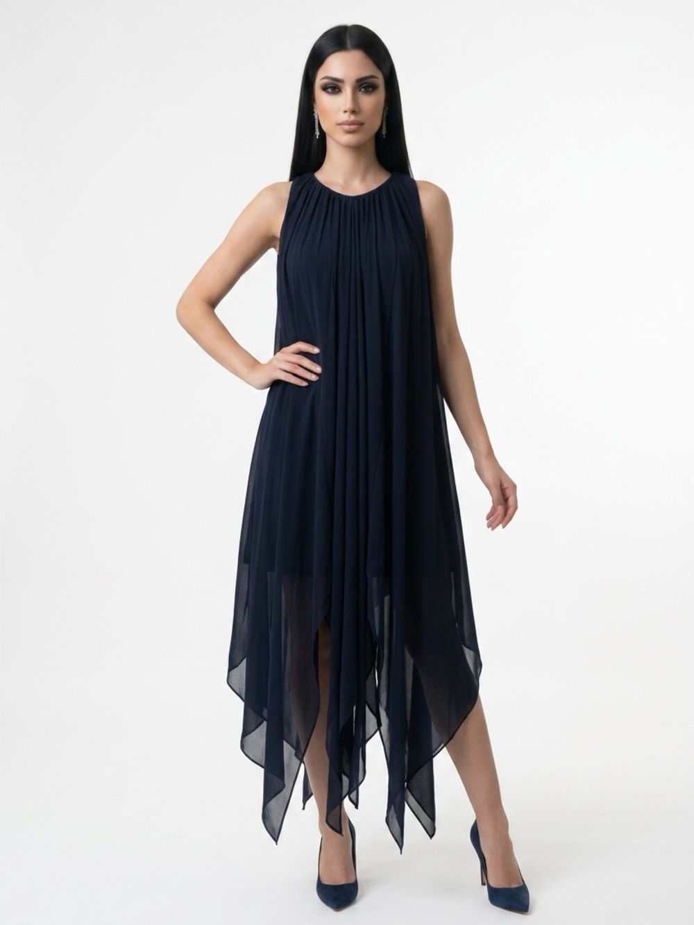 Michael Kors Navy Asymmetrical V-Neck Maxi Dress